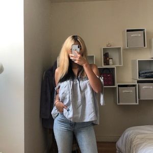 planet blue off the shoulder grey top